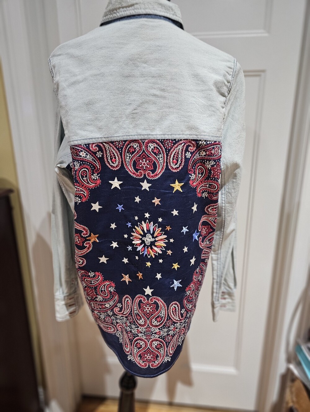 Free People Denim Shirt With Embroidered Stars & Paisley Print